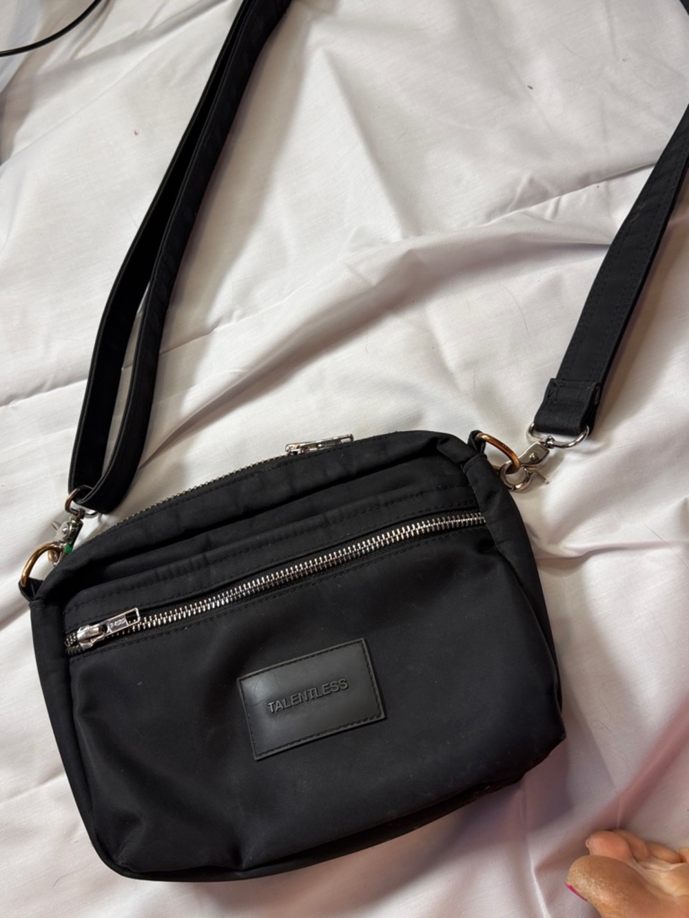 TALENTLESS Black Nylon Crossbody Bag with Silver Hardware